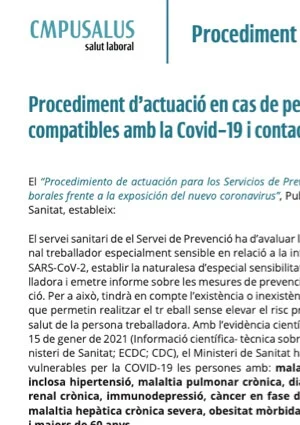 Procediment d’actuació en cas de personal especialment sensible al Coronavirus SARS CoV-2, casos compatibles amb la Covid-19 i contactes estrets