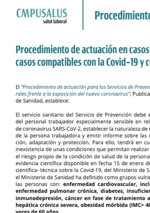 Procedimiento de actuación en casos de personal especialmente sensible al Coronavirus SARS CoV-2, casos compatibles con la Covid-19 y contactos estrechos